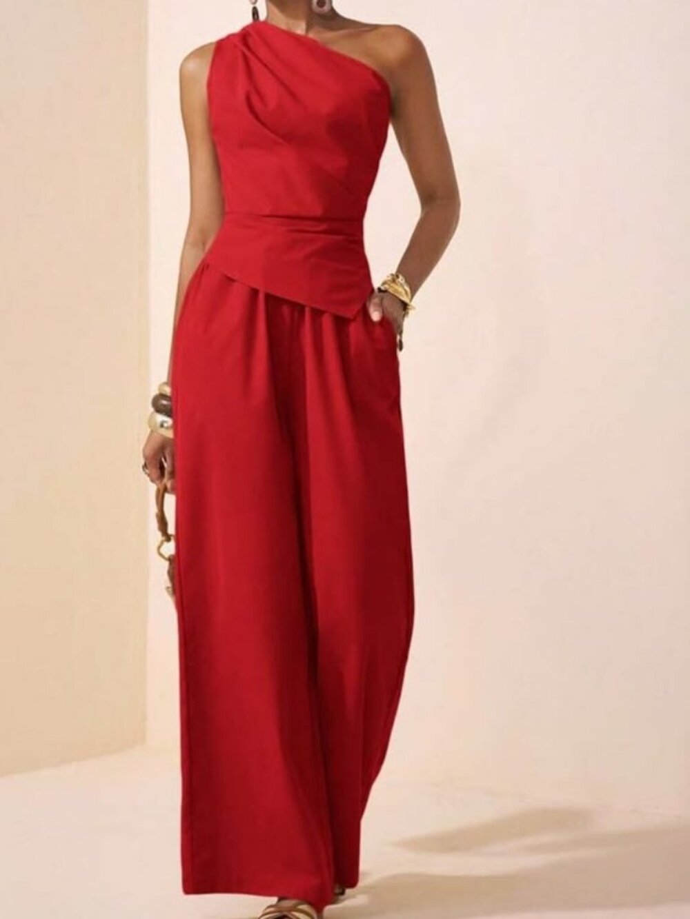 Excellent Condition, SZ L, 2 PC One-Shoulder Top & Pants Set, Red